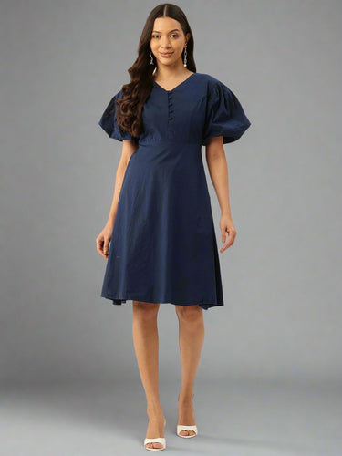 Puff Sleeve Fit & Flare Midi Dress